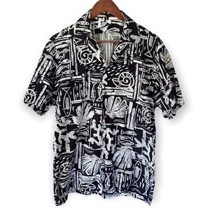 Hilo Hattie Button Down Shirt Black White Hawaiian Short Sleeve Size Medium